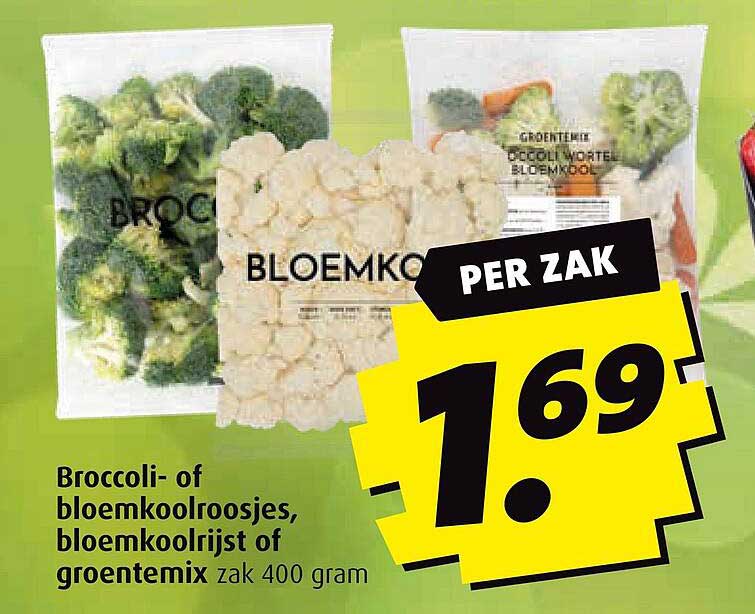 Broccoli- of bloemkoolroosjes, bloemkoolrijst of groentemix zak 400 gram