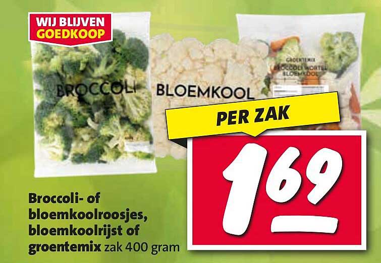 Broccoli- of bloemkoolroosjes, bloemkoolrijst of groentemix zak 400 gram