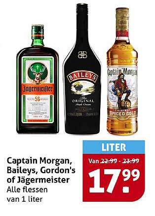 Captain Morgan, Baileys, Gordon's of Jägermeister, Alle flessen van 1 liter