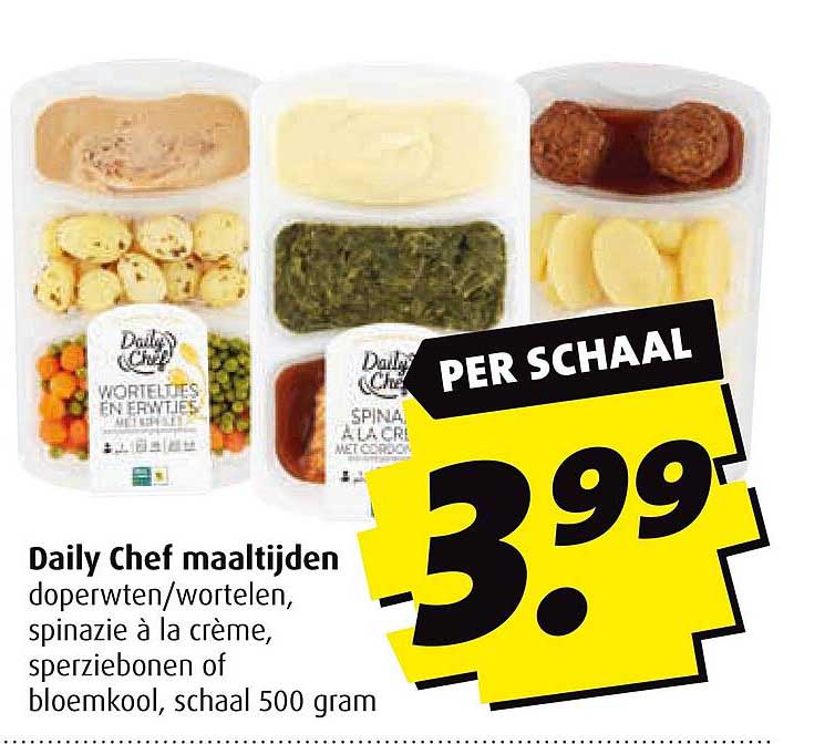 Daily Chef maaltijden doperwten/wortelen, spinazie à la crème, sperziebonen of bloemkool, schaal 500 gram