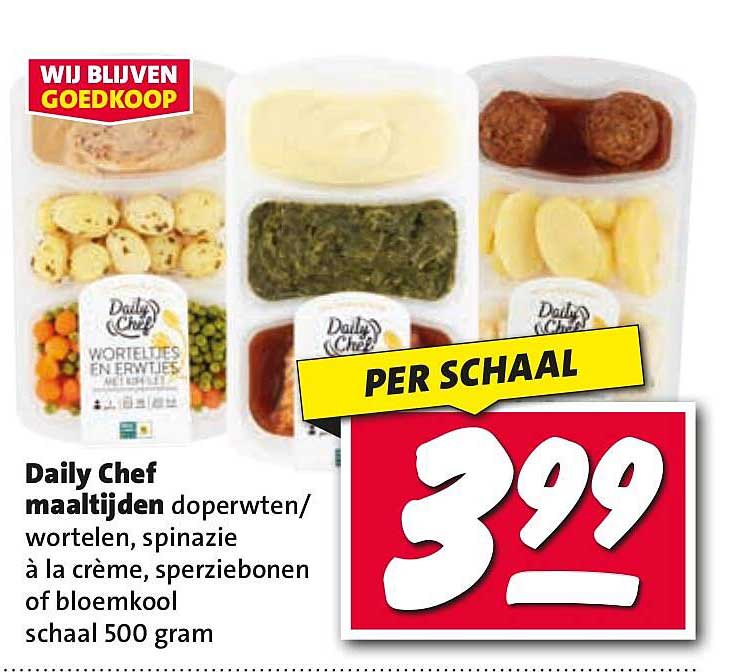 Daily Chef maaltijden doperwten/wortelen, spinazie à la crème, sperziebonen of bloemkool schaal 500 gram