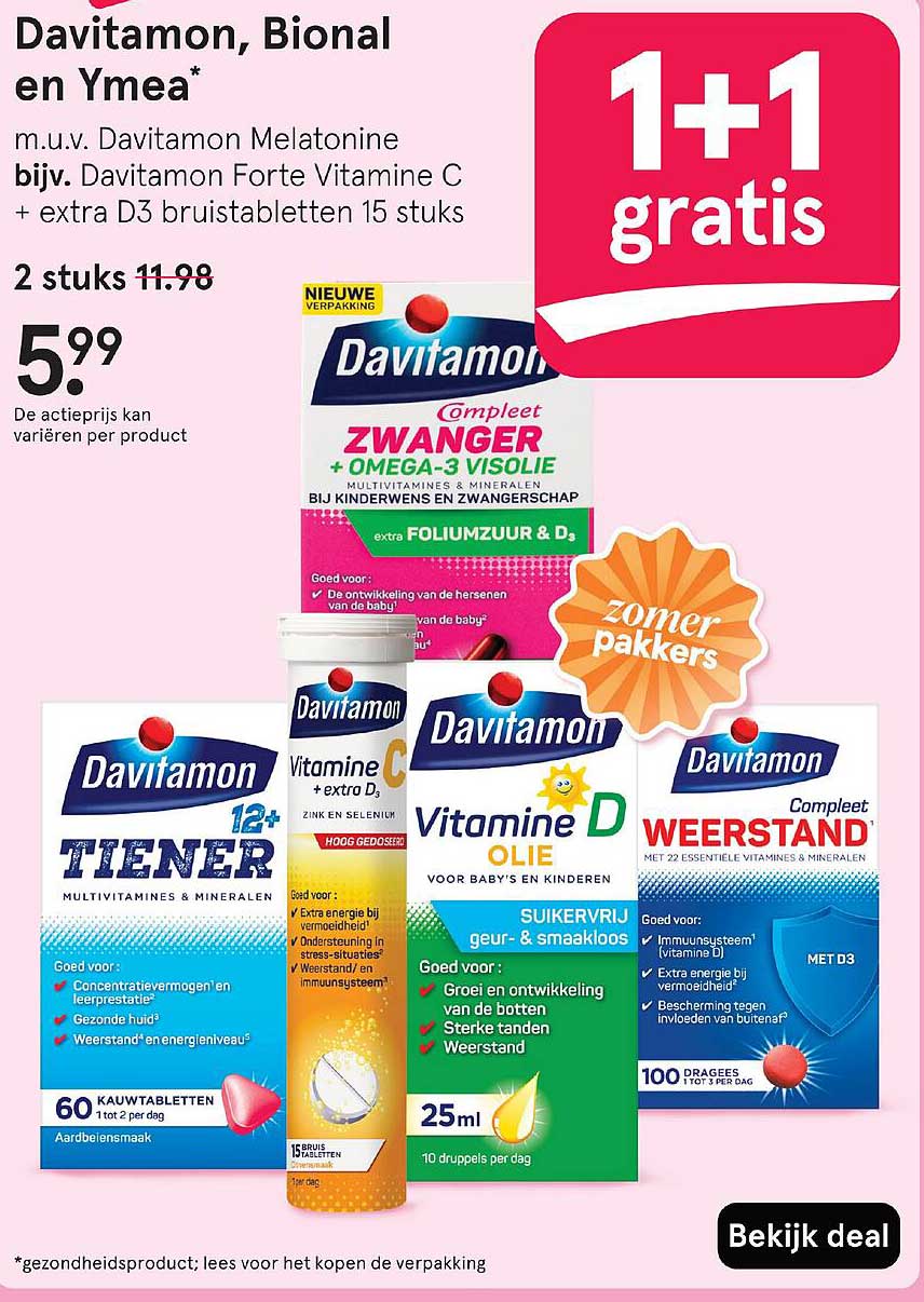 Davitamon, Bional en Ymea* m.u.v. Davitamon Melatonine bijv. Davitamon Forte Vitamine C + extra D3 bruistabletten 15 stuks