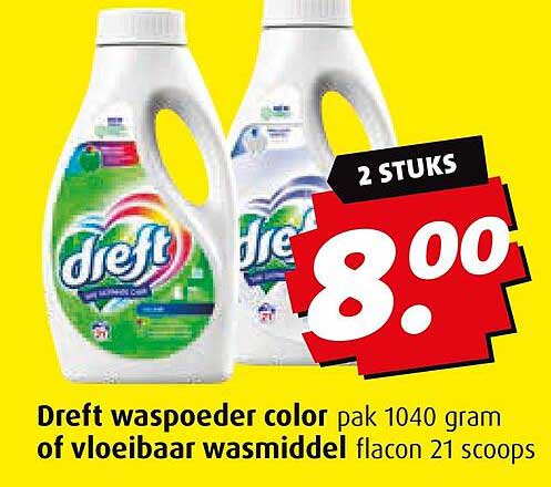Dreft waspoeder color pak 1040 gram of vloeibaar wasmiddel flacon 21 scoops