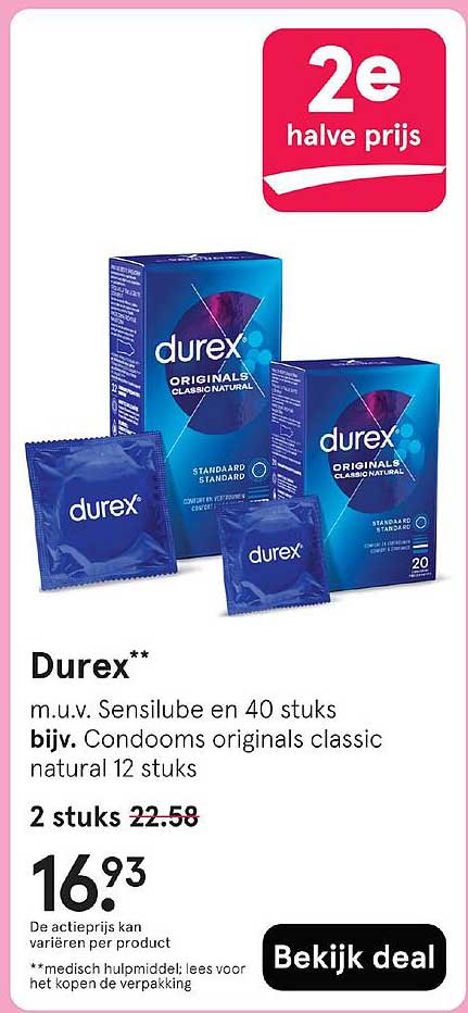 Durex** m.u.v. Sensilube en 40 stuks bijv. Condoms originals classic natural 12 stuks