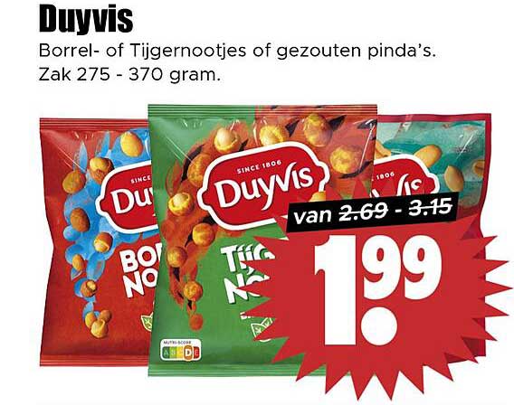 Duyvis Borrel- of Tijgernootjes of gezouten pinda’s. Zak 275-370 gram.