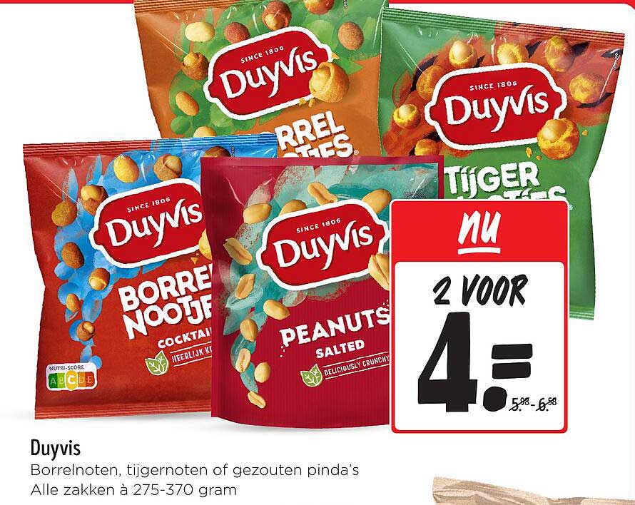 Duyvis Borrelnootjes, tijgernootjes of gezouten pinda's - 2 voor 4=