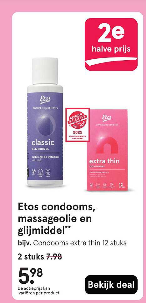 Etos condooms, massageolie en glijmiddel** bijv. Condooms extra thin 12 stuks