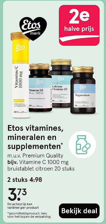 Etos vitamines, mineralen en supplementen* m.u.v. Premium Quality bijv. Vitamine C 1000 mg bruistablet citroen 20 stuks