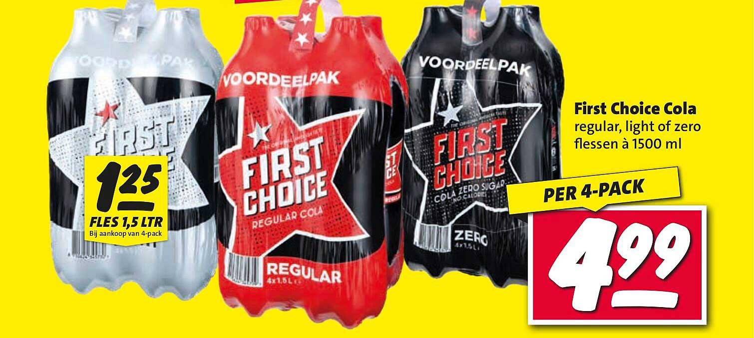 First Choice Cola regular, light of zero flessen à 1500 ml