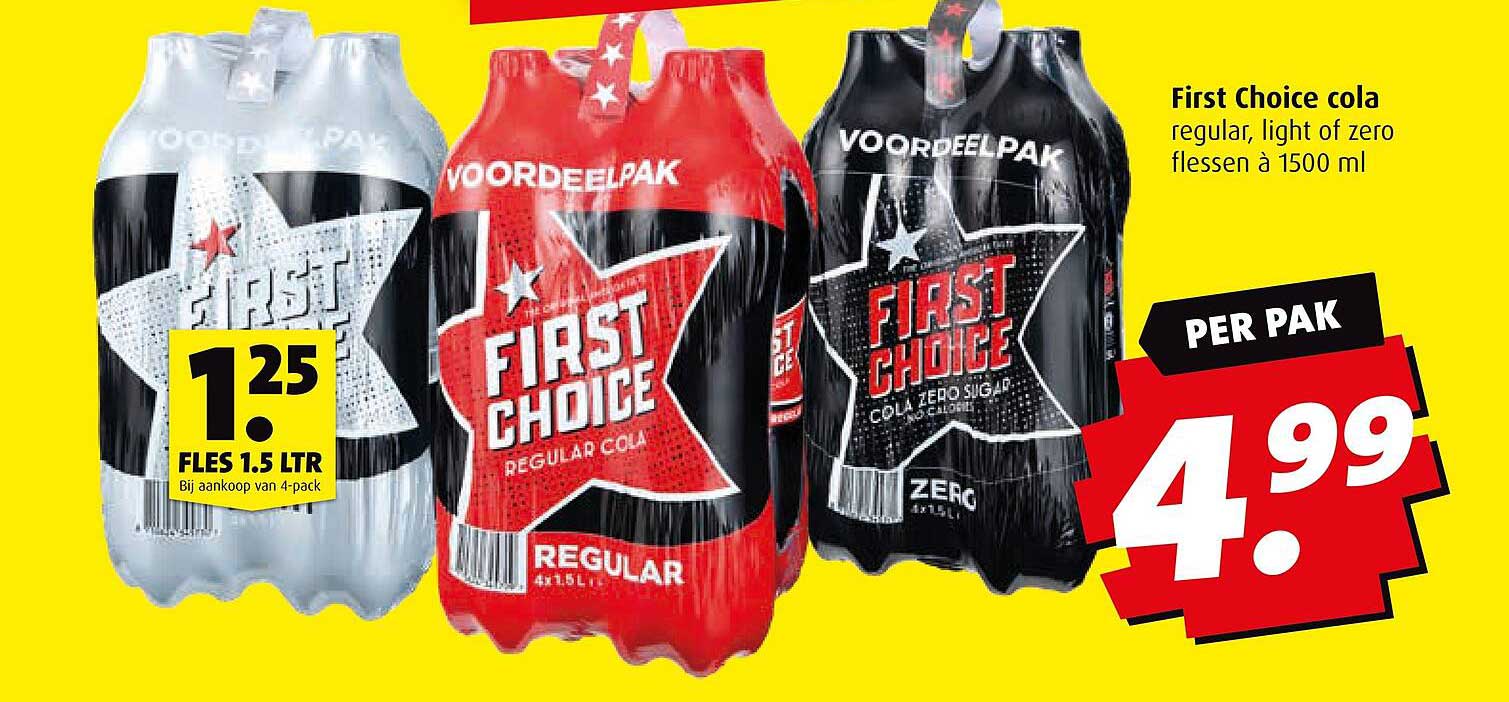 First Choice cola, regular, light of zero flessen à 1500 ml