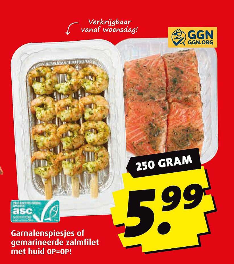Garnalenspiesjes of gemarineerde zalmfilet met huid OP=OP!