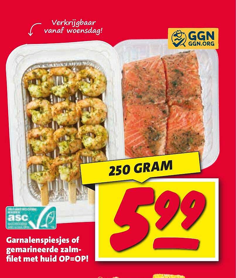 Garnalenspiesjes of gemarineerde zalmfilet met huid OP=OP!