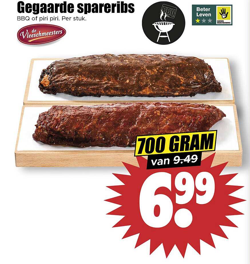 Gegaarde spareribs BBQ of piri piri. Per stuk.