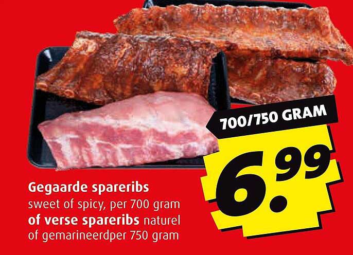 Gegaarde spareribs sweet of spicy, per 700 gram of verse spareribs natuur of gemarineerd per 750 gram
