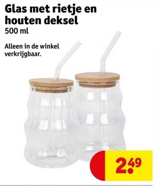 Glas met rietje en houten deksel 500 ml