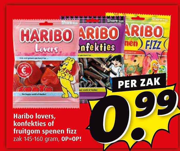 Haribo lovers, konfekties of fruitgom spenen fizz zak 145-160 gram, OP=OP!