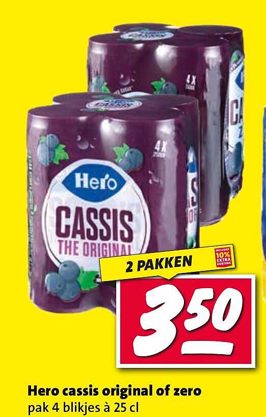 Hero cassis original of zero pak 4 blikjes à 25 cl