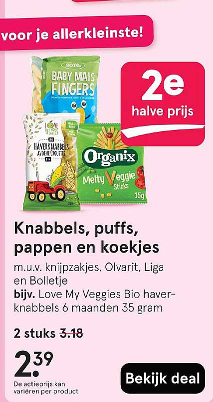 Knabbels, puffs, pappen en koekjes m.u.v. knijpzakjes, Olvarit, Liga en Bolletje bijv. Love My Veggies Bio haverknabbels 6 maanden 35 gram