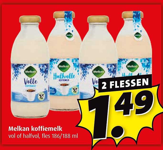 Melkan koffiemelk vol of halfvol, fles 186/188 ml