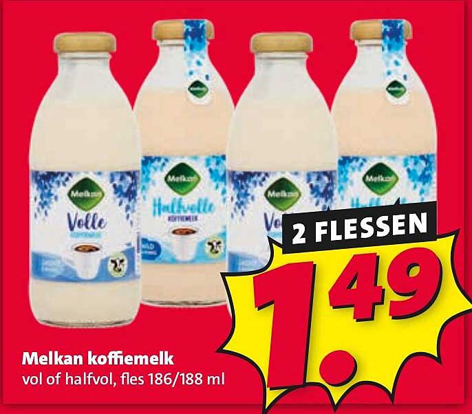 Melkan koffiemelk vol of halfvol, fles 186/188 ml