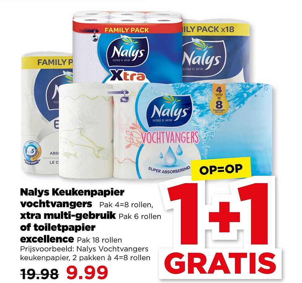 Nalys Keukenpapier vochtvangers Pak 4=8 rollen, xtra multi-gebruik Pak 6 rollen of toiletpapier excellenc Pak 18 rollen