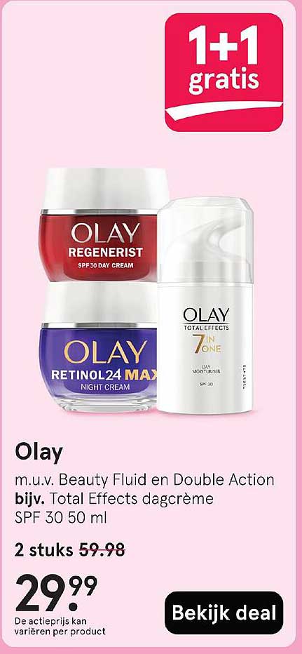 Olay m.u.v. Beauty Fluid en Double Action bijv. Total Effects dagcrème SPF 30 50 ml