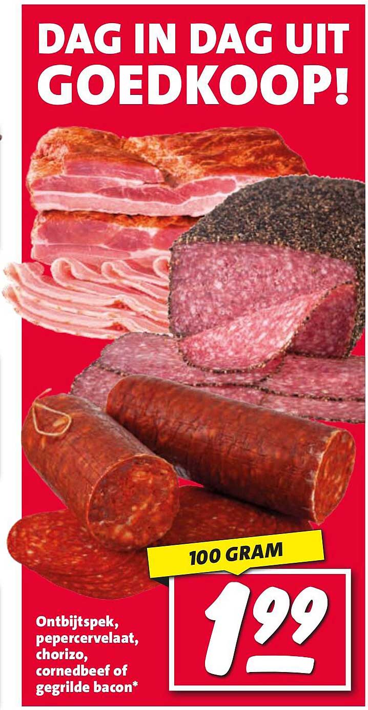 Ontbijtspek, pepercervelaat, chorizo, cornedbeef of gegrilde bacon*