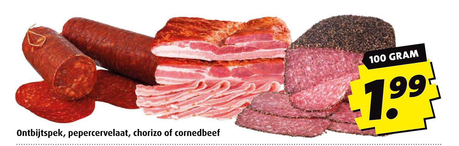 Ontbijtspek, pepercervelaat, chorizo of cornedbeef