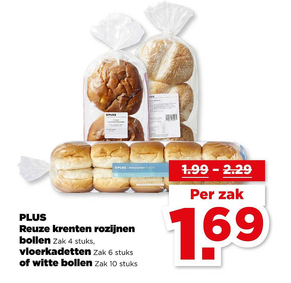 PLUS Reuze krenten rozijnen bollen Zak 4 stuks, vloerkadetten Zak 6 stuks of witte bollen Zak 10 stuks