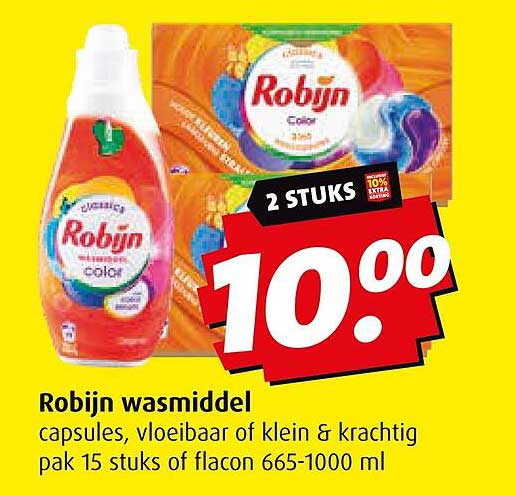 Robijn wasmiddel capsules, vloeibaar of klein & krachtig pak 15 stuks of flacon 665-1000 ml