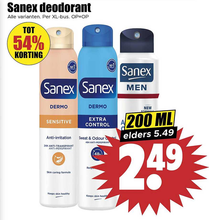 Sanex deodorant 200 ML, nu voor €2,49, eerder €5,49