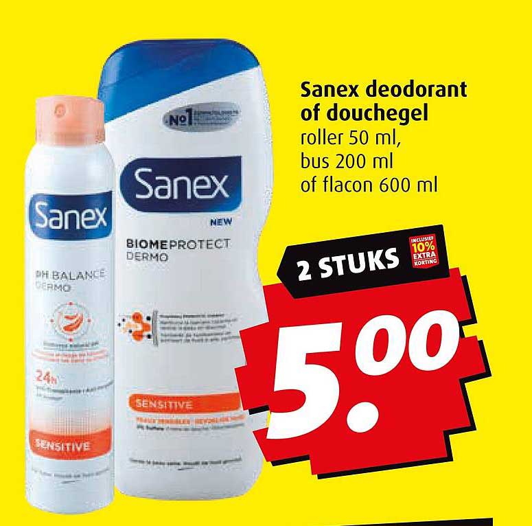 Sanex deodorant of douchegel roller 50 ml, bus 200 ml of flacon 600 ml