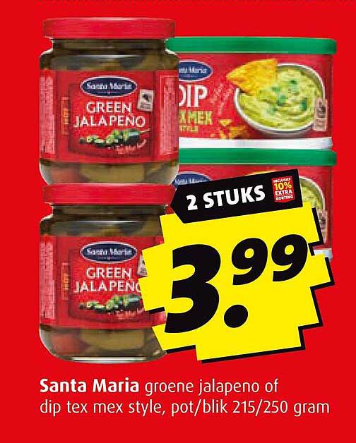Santa Maria groene jalapeno of dip tex mex style, pot/blik 215/250 gram