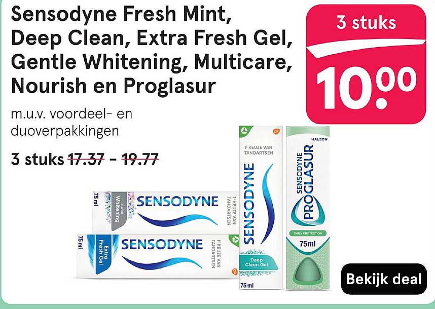 Sensodyne Fresh Mint, Deep Clean, Extra Fresh Gel, Gentle Whitening, Multicare, Nourish en Proglasur
