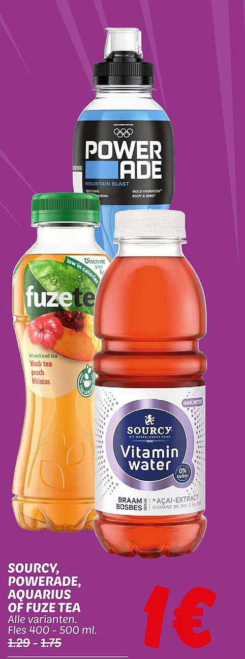 Sourcy, Powerade, Aquarius of Fuze Tea - Alle varianten, Fles 400 - 500 ml voor €1