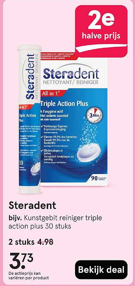 Steradent bijv. Kunstgebit reiniger triple action plus 30 stuks