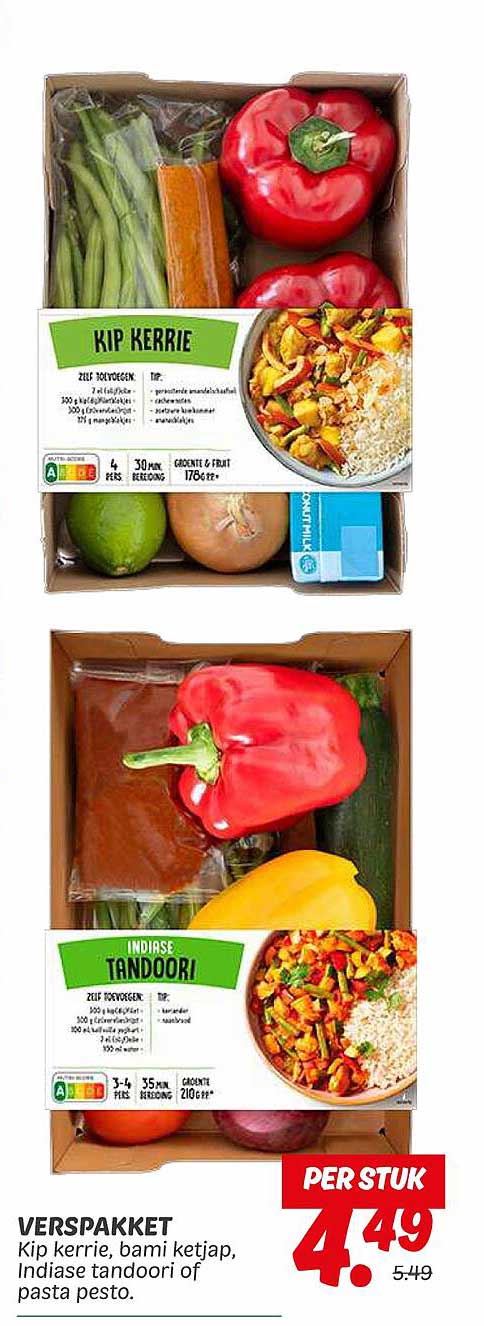 VERSPAKKET Kip kerrie, bami ketjap, Indische tandoori of pasta pesto.