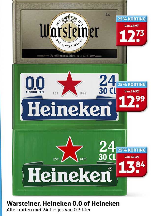 Warsteiner, Heineken 0.0 of Heineken - Alle kratten met 24 flesjes van 0.3 liter