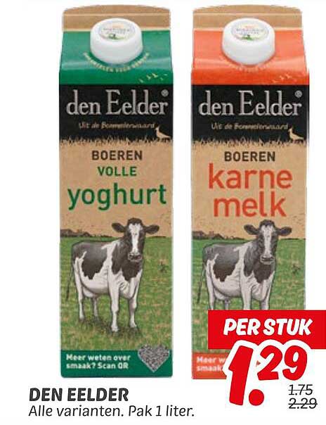 DEN EELDER - Boeren volle yoghurt of karne melk, 1 liter