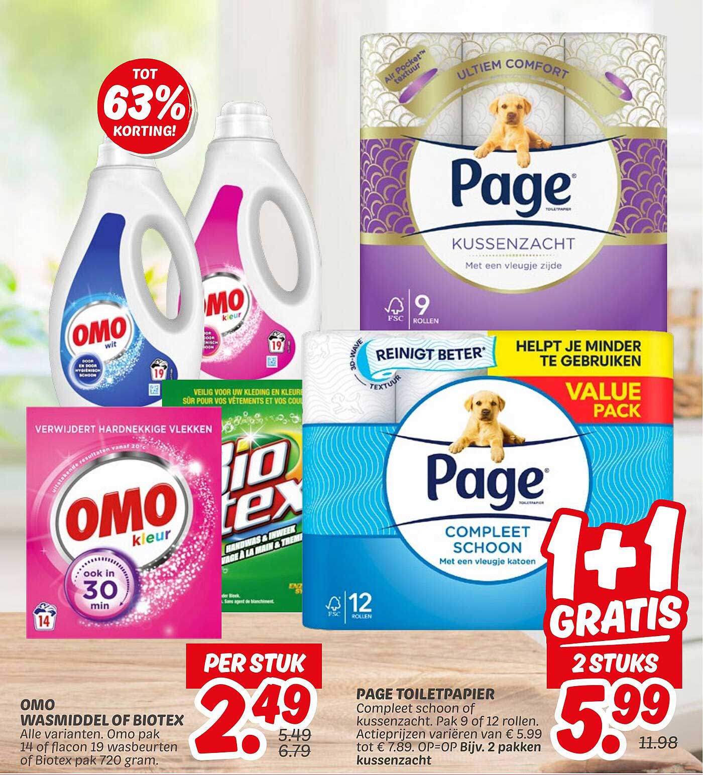 OMO wasmiddel of Biotex, per stuk 2,49, 63% korting!