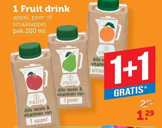 1 Fruit drink appel, peer of sinaasappel pak 200 ml 1+1 GRATIS*