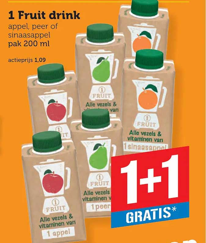 1 Fruit drink appel, peer of sinaasappel pak 200 ml 1+1 gratis