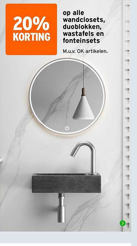 20% KORTING op alle wandclosets, duoblokken, wastafels en fonteinssets