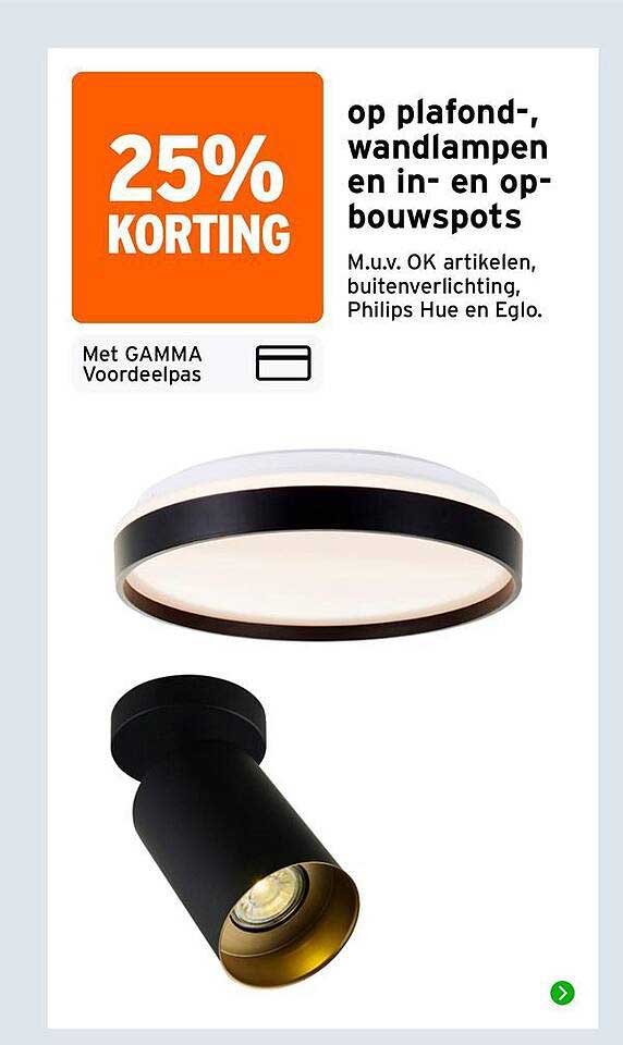 25% KORTING op plafond-, wandlampen en in- en opbouwspots
