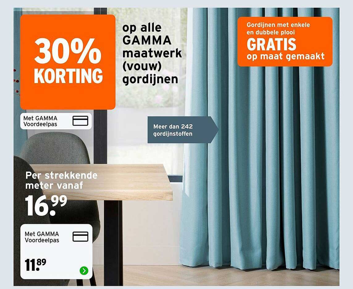 30% korting op alle GAMMA maatwerk (vouw) gordijnen GRATIS op maat gemaakt