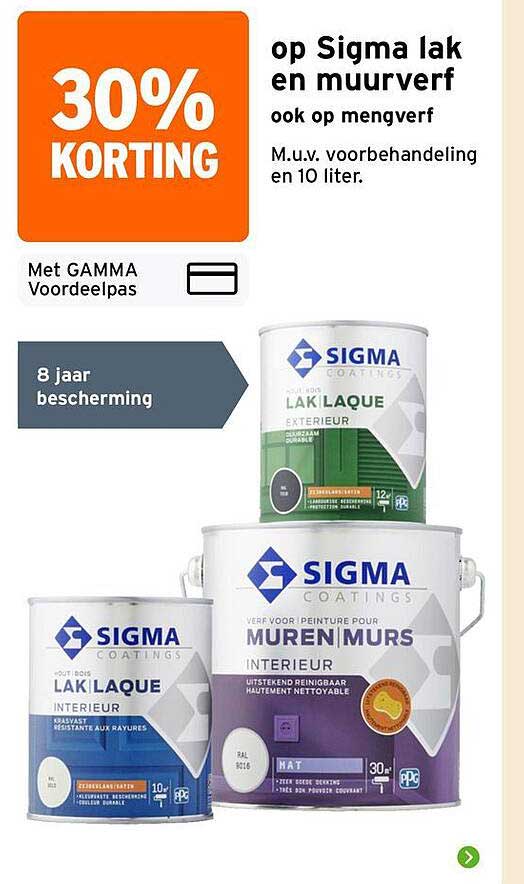 30% korting op Sigma lak en muurverf ook op mengverf