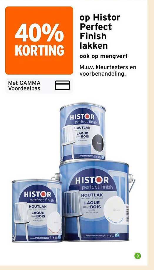 40% korting op Histor Perfect Finish lakken ook op mengverf