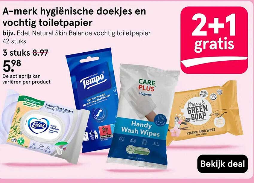 A-merk hygiënische doekjes en vochtig toiletpapier 2+1 gratis