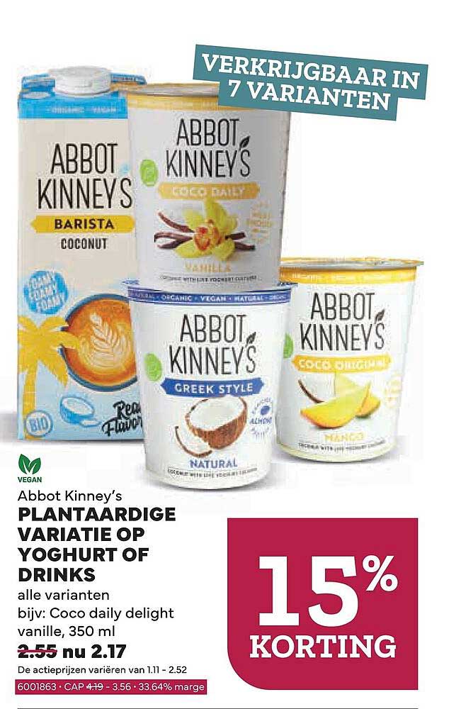 Abbot Kinney’s plantaardige variatie op yoghurt of drinks 15% korting