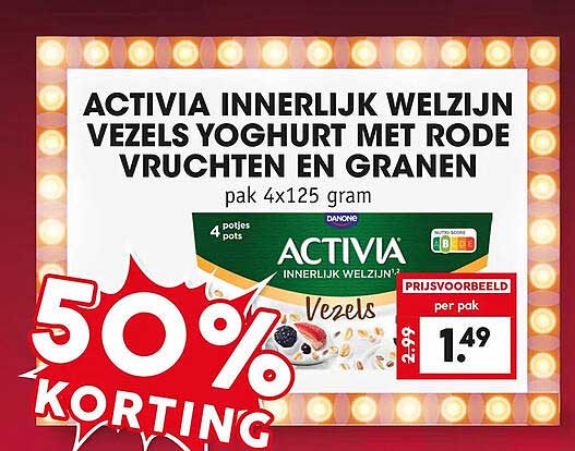 ACTIVIA INNERLIJK WELZIJN VEZELS YOGHURT MET RODE VRUCHTEN EN GRANEN 50% KORTING